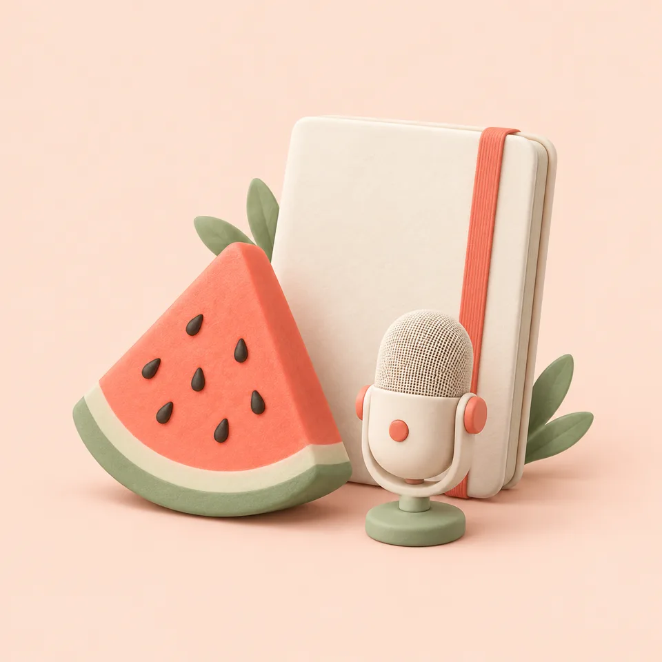 Watermelon, notebook, and microphone illustration for capturing ideas