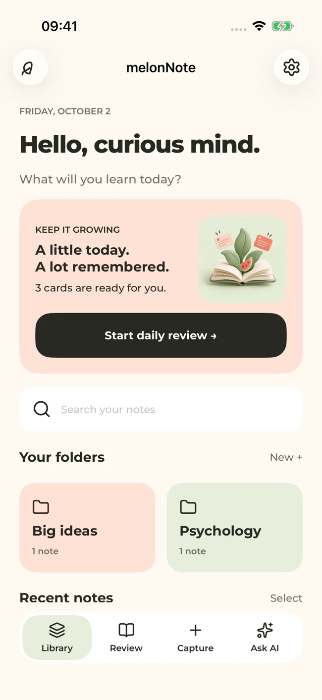 MelonNote iOS library, course folders, and daily review